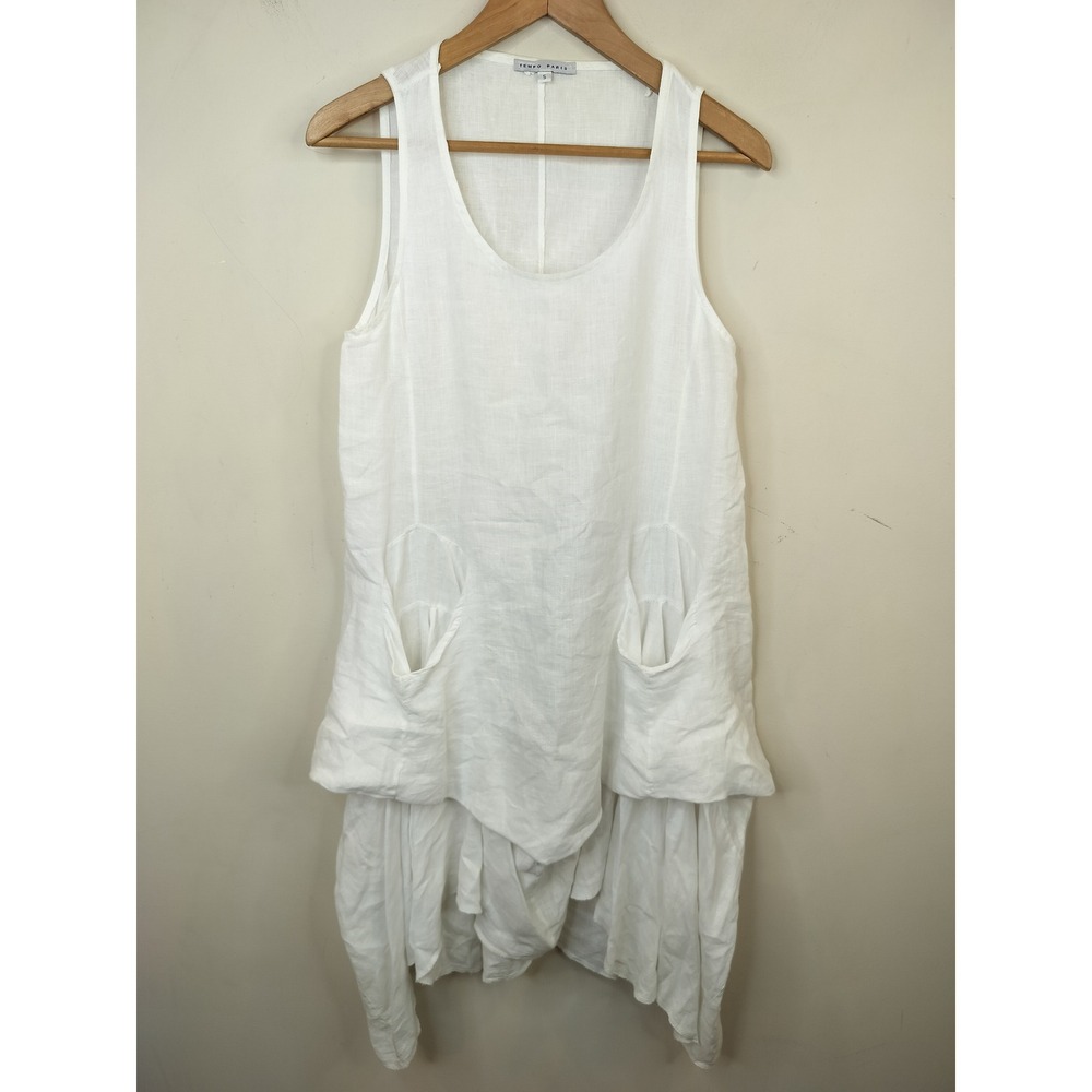 Tempo Paris Linen Midi Dress Small Bubble Hem Layered Asymmetric Lagenlook White